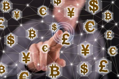 Bir para birimi ağ kavramı bir dokunmatik ekran üzerinde dokunmadan adam