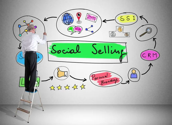 Концепция социальной продажи, нарисованная человеком на лестнице — стоковое фото