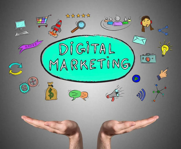 Digitale marketingconcept ondersteund door open handen — Stockfoto