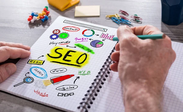 Concepto Seo en un bloc de notas — Foto de Stock