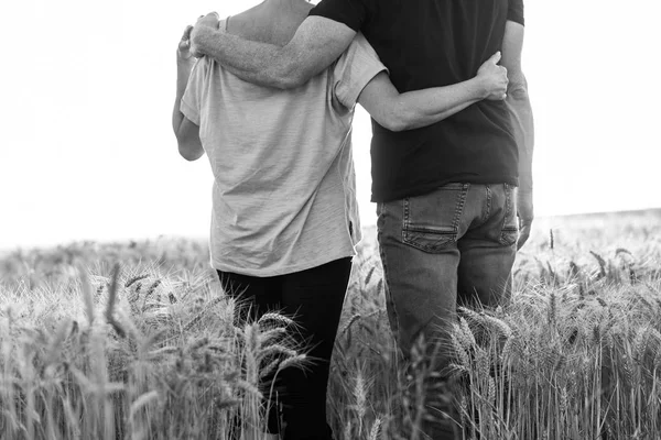 Couple marchant ensemble dans un champ de blé, effet soleil, noir — Photo