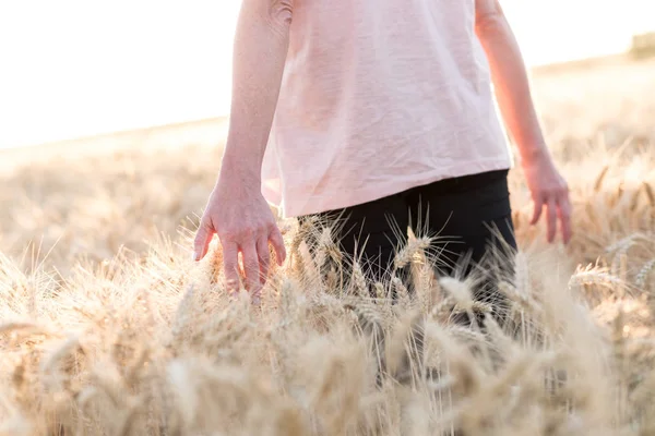 Frau im Weizenfeld bei Sonnenuntergang, Sonnenlichteffekt — Stockfoto