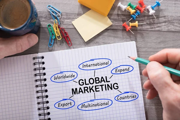 Globális marketing koncepció egy Jegyzettömb — Stock Fotó