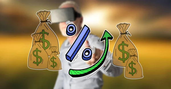 Man met een werkelijkheid virtuele headset aanraken van een zakelijke succes — Stockfoto