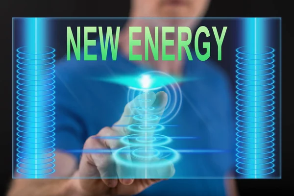 Homem tocando um novo conceito de energia em uma tela sensível ao toque — Fotografia de Stock