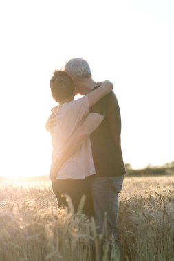 Üst düzey çift birbirlerine bir buğday alanında, güneş ışığı ef kucaklayan