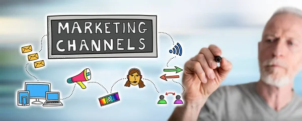 Man drawing marketing channels concept — Stock Photo, Image