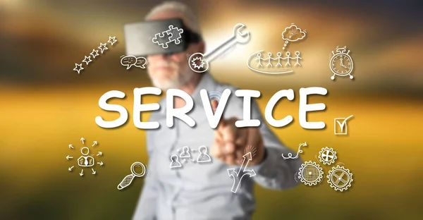 Man met een werkelijkheid virtuele headset aanraken een dienstverleningsconcept — Stockfoto