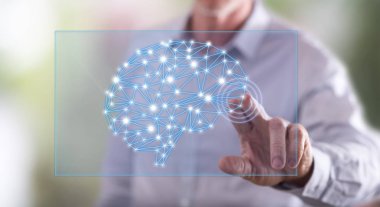 Adam bir dokunmatik ekran üzerinde bir zeka kavramı dokunmadan