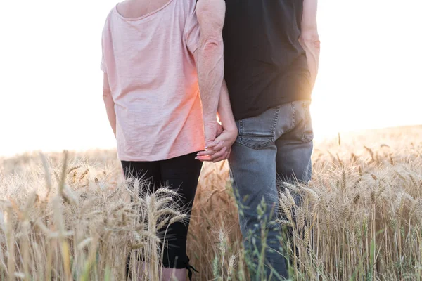 Couple tenant la main dans un champ de blé au coucher du soleil, effet soleil — Photo