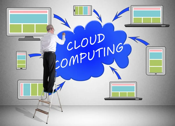 Cloud Computing-Konzept von einem Mann auf einer Leiter gezeichnet — Stockfoto