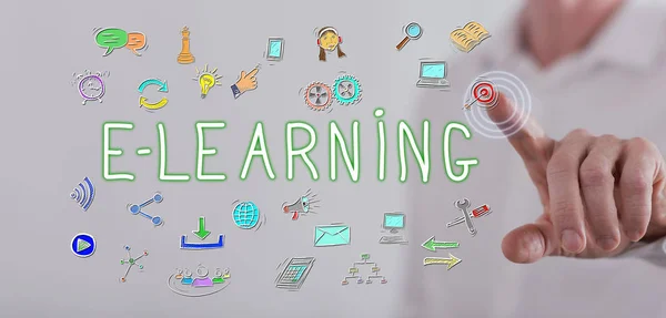 Ο άνθρωπος που αγγίζει μια έννοια e-learning σε οθόνη αφής — Φωτογραφία Αρχείου