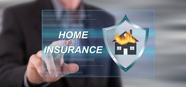 Adam bir dokunmatik ekran üzerinde bir ev sigorta kavramı dokunmadan