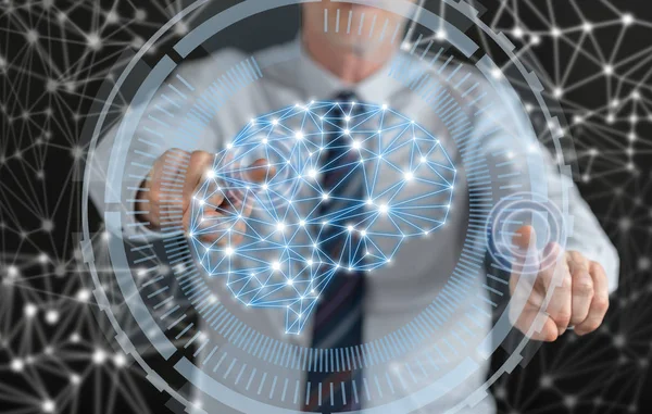 Adam bir dokunmatik ekran üzerinde bir zeka kavramı dokunmadan
