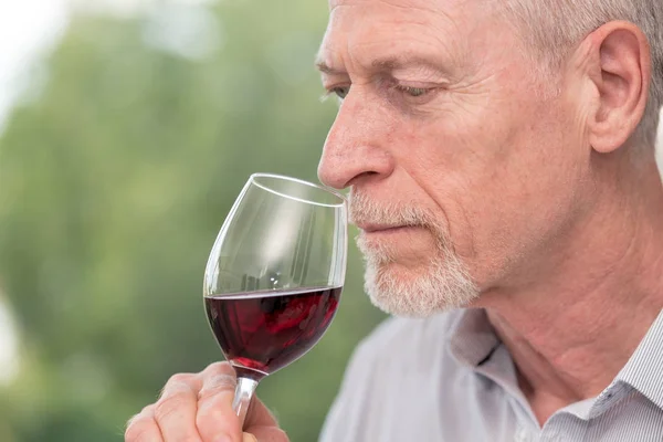 Uomo maturo degustazione vino rosso — Foto Stock