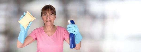 Hemmafru med en svamp och en windows rengöring spray — Stockfoto