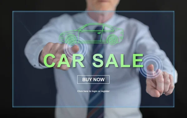 Człowiek, dotykając pojęciem sprzedaży samochodów na ekranie dotykowym — Zdjęcie stockowe