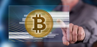 Adam bir bitcoin para birimi kavramı bir dokunmatik ekran üzerinde dokunmadan