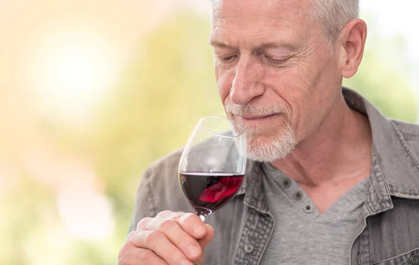 Uomo maturo degustazione vino rosso, effetto luce — Foto Stock