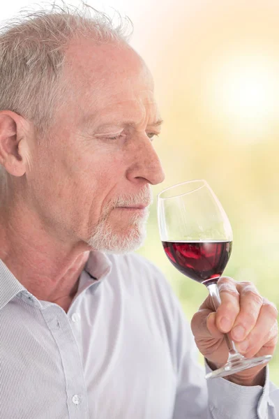 Uomo maturo degustazione vino rosso, effetto luce — Foto Stock