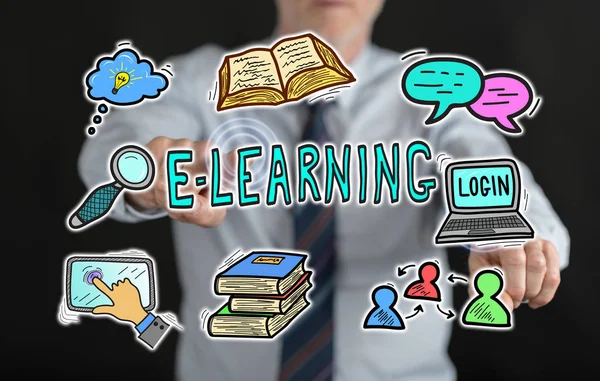 Ο άνθρωπος που αγγίζει μια έννοια e-learning σε οθόνη αφής — Φωτογραφία Αρχείου