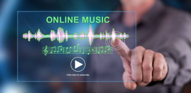 Adam bir dokunmatik ekran üzerinde bir online müzik konsepti dokunmadan
