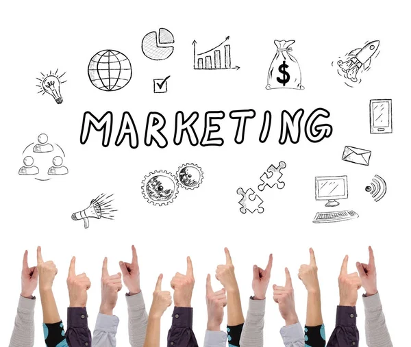 Marketing concept gewezen door verschillende vingers — Stockfoto