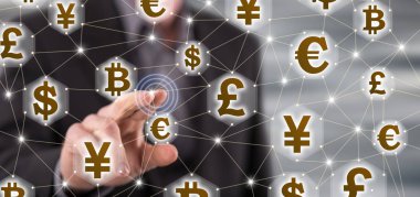 Bir para birimi ağ kavramı bir dokunmatik ekran üzerinde dokunmadan adam