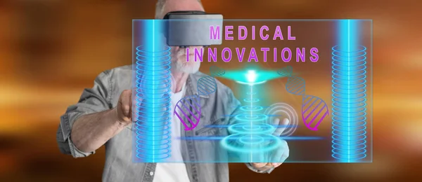 Man with VR headset touching a medical innovations concept on a