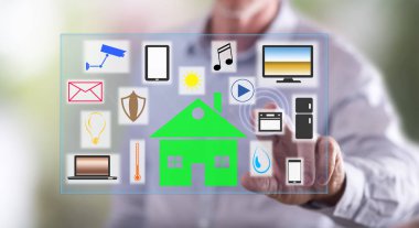 Adam akıllı bir ev concept bir dokunmatik ekran üzerinde dokunmadan