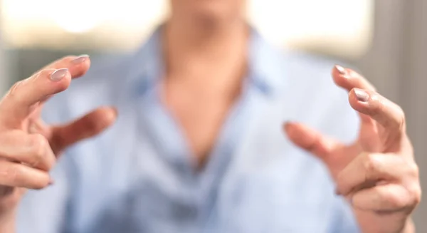 Hands of woman in gesture of protection — Stock Photo, Image