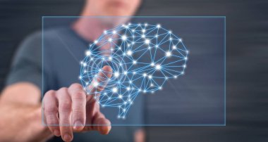 Adam bir dokunmatik ekran üzerinde bir zeka kavramı dokunmadan