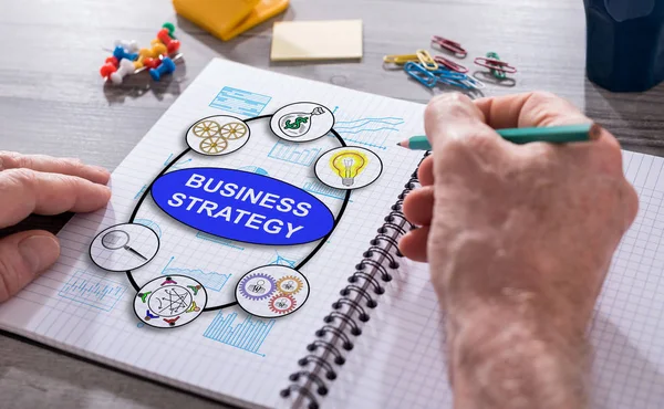 Conceito de estratégia de negócios em um bloco de notas — Fotografia de Stock