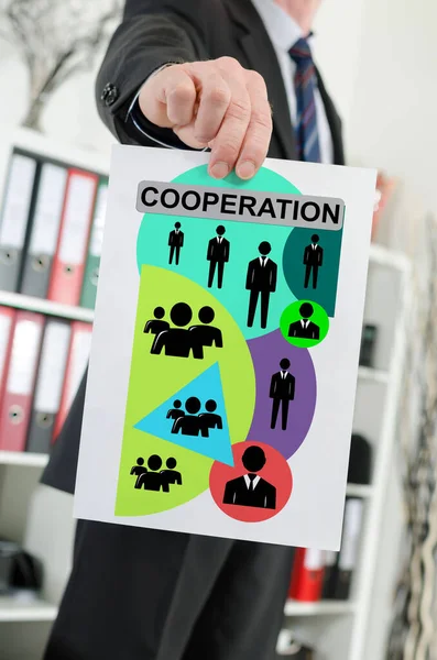 Samarbete konceptet visas av en affärsman — Stockfoto