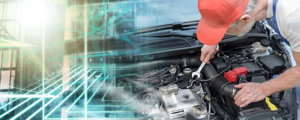 Car mechanic working on car engine; multiple exposure — Stock Photo, Image