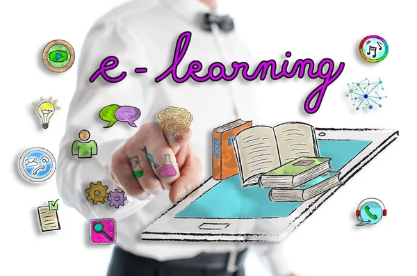 E-learning concept shown by a man — 스톡 사진