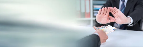 Businessman hands rejecting an offer of money; panoramic banner — Stock Photo, Image