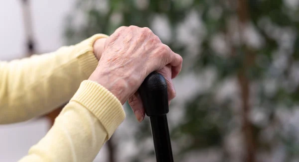 Las manos de anciana sosteniendo un bastón — Foto de Stock