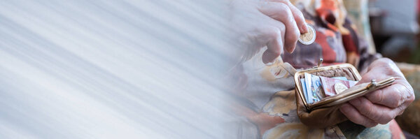 Старуха считает деньги, панорамное знамя
