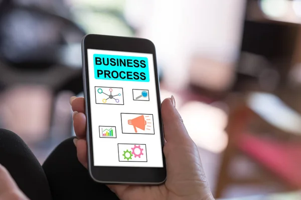 Hand Hålla Smartphone Med Business Process Koncept — Stockfoto