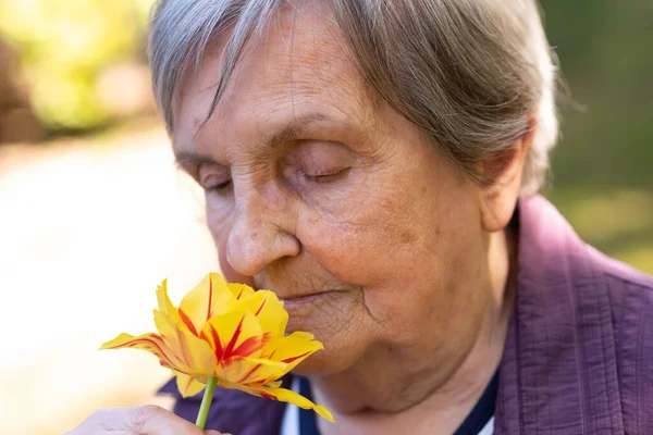 Retrato Uma Mulher Velha Cheirando Uma Flor Livre — Fotografia de Stock