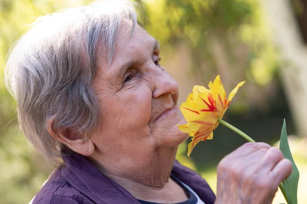 Retrato Uma Mulher Velha Cheirando Uma Flor Livre — Fotografia de Stock