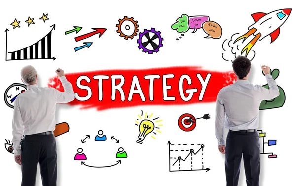 Pojęcie Strategii Biznesowych Rysowane Białej Ścianie Przez Przedsiębiorców — Zdjęcie stockowe