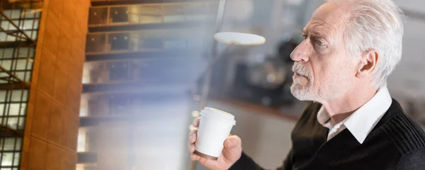 Thoughtful Senior Man Holding Paper Coffee Cup Panoramic Banner Multiple — Φωτογραφία Αρχείου