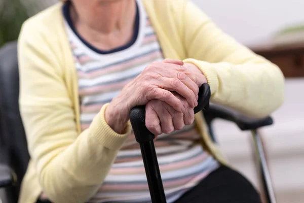 Old Woman Sitting Her Hands Cane — Stock Photo, Image