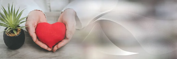 Corazón Rojo Manos Del Médico Concepto Seguro Salud Bandera Panorámica — Foto de Stock