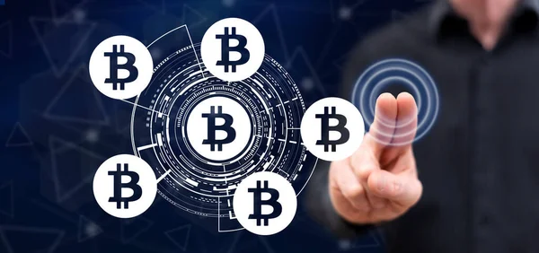 Uomo Toccare Concetto Bitcoin Touch Screen Con Dita — Foto Stock