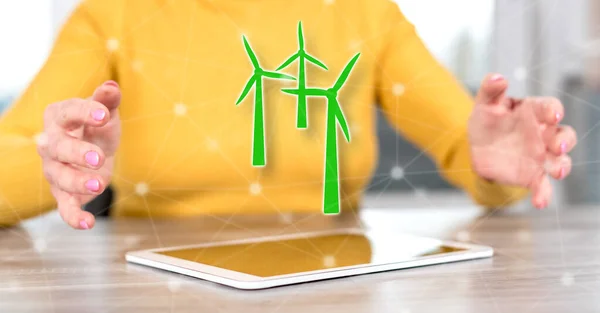 Digital Tablet Clean Energy Concept Hands Woman Background — Stock Photo, Image