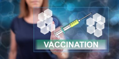 Dokunmatik ekranda bir aşılama konseptine parmağıyla dokunan kadın