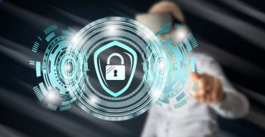 Adam onun parmak dokunmatik ekranlı cep bilgisayarlarda veri güvenlik kavramı dokunmadan vr kulaklık ile